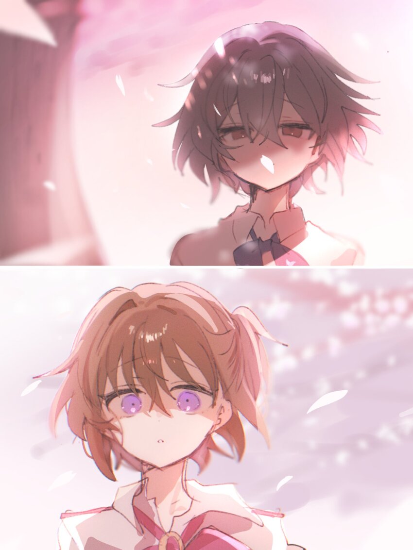 2girls akasaka_miyuki blue_bow blue_bowtie bow bowtie bright_background brown_eyes brown_hair cherry_blossoms falling_petals grey_hair highres higurashi_no_naku_koro_ni higurashi_no_naku_koro_ni_mei kimiyoshi_kazuho ma_(aaayabaina111) multiple_girls petals purple_eyes red_bow red_bowtie rose_petals school_uniform shaded_face shirt short_hair side_ponytail st._lucia_academy_school_uniform white_background white_shirt yuri