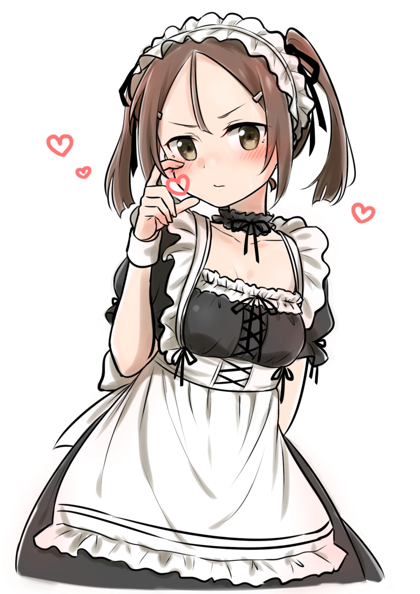 1girl alternate_costume apron arm_behind_back black_choker black_ribbon black_shirt black_skirt blush breasts brown_eyes brown_hair choker closed_mouth collarbone cowboy_shot eda_udon enmaided hair_ornament hair_ribbon hairclip heart highres long_hair looking_at_viewer maid maid_headdress miyoshi_karin ribbon shirt short_sleeves simple_background sketch skirt small_breasts solo standing twintails waist_apron white_apron white_background white_wrist_cuffs wrist_cuffs yuuki_yuuna_wa_yuusha_de_aru yuusha_de_aru