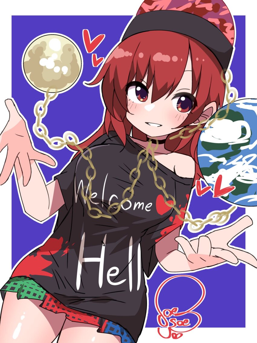 1girl alternate_hair_length alternate_hairstyle artist_name black_choker black_hat black_shirt blue_skirt blush border breasts chain choker clothes_writing collarbone commentary_request cowboy_shot earth_(ornament) gold_chain green_skirt hair_between_eyes hands_up hat heart heart_print hecatia_lapislazuli highres long_hair looking_afar medium_breasts miniskirt moon_(ornament) multicolored_skirt off-shoulder_shirt off_shoulder outside_border plaid_clothes plaid_skirt purple_background red_eyes red_hair red_skirt shirt short_sleeves signature simple_background single_bare_shoulder skirt smile soesoe300 solo standing t-shirt teeth touhou underworld_(ornament) white_border