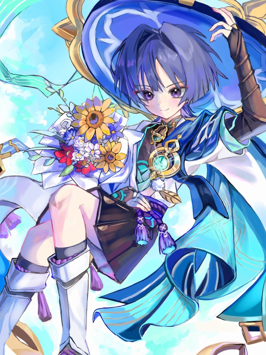 1boy anemo_symbol_(genshin_impact) aqua_gemstone arm_up belt black_belt black_bodysuit black_bridal_gauntlets black_leggings black_shorts blue_cape blue_hat blue_kimono blue_sky blue_sleeves blunt_ends bodysuit bouquet bridal_gauntlets cape ckiows closed_mouth eyeliner eyeshadow feathers fingernails flower furisode gem genshin_impact gold gold_ring hair_intakes hakama hakama_shorts han&#039;eri hand_on_own_stomach hat highres holding holding_bouquet holding_unworn_clothes holding_unworn_hat japanese_clothes jingasa kimono layered_kimono layered_sleeves leg_warmers leggings looking_past_viewer makeup male_focus mandarin_collar middle_ring open_clothes open_kimono outdoors pleated_shorts pom_pom_(clothes) purple_eyes purple_hair purple_rope purple_sash red_eyeliner red_eyeshadow rope sash scaramouche_(genshin_impact) short_sleeves shorts sky smile solo split_mouth tassel unworn_hat unworn_headwear vision_(genshin_impact) wanderer_(genshin_impact) white_kimono white_leg_warmers white_sleeves white_trim yellow_feathers