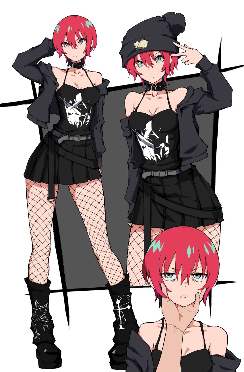 1girl absurdres amate_yuzuriha aqua_eyes beanie camisole choker closed_mouth gundam gundam_gquuuuuux hat highres jacket kekel looking_at_viewer red_hair short_hair simple_background skirt solo