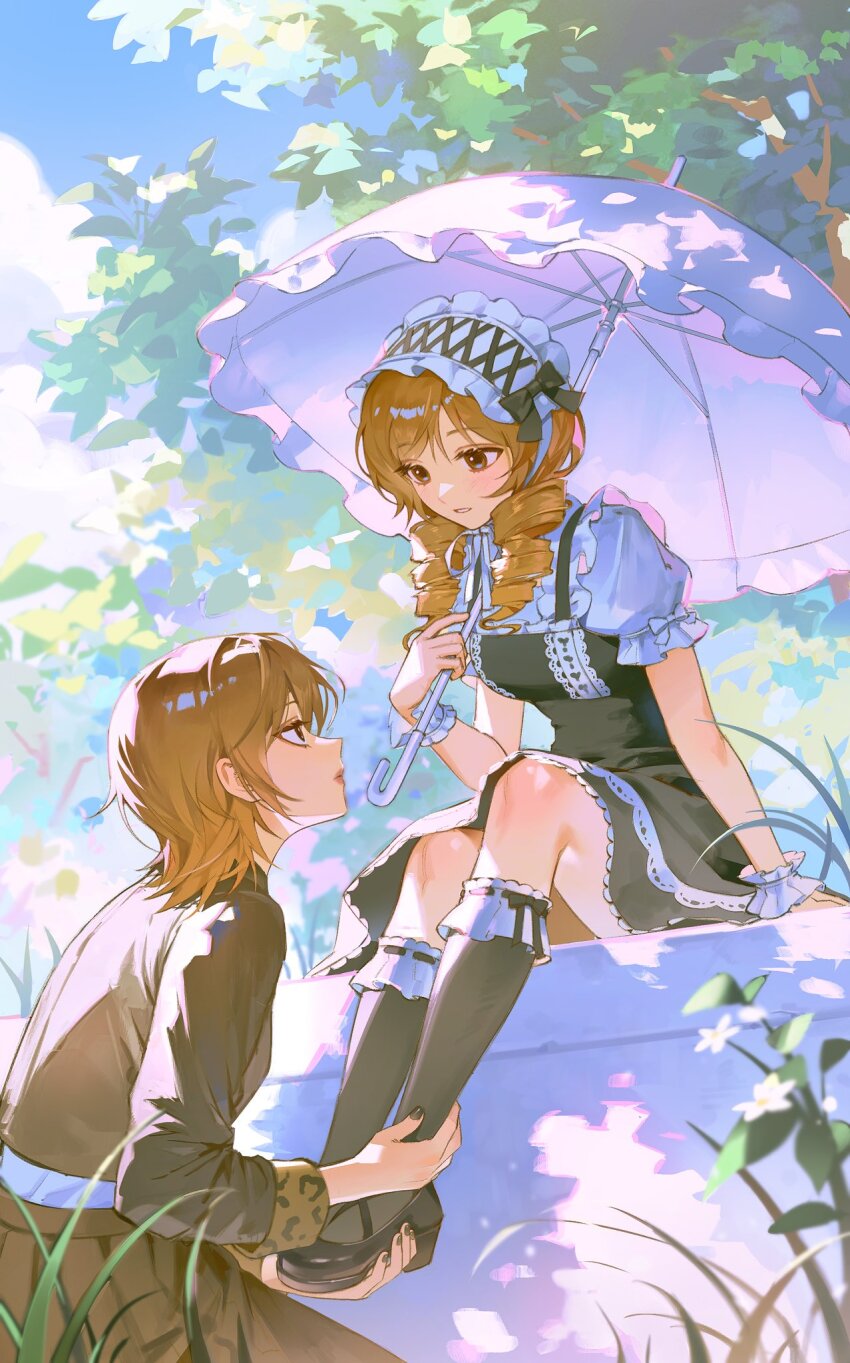 2girls black_bow black_nails black_shoes black_socks blonde_hair blue_sky bow brown_eyes brown_hair closed_mouth cloud dappled_sunlight day dress drill_hair eyelashes fingernails flower frilled_wrist_cuffs frills full_body grass hand_on_another&#039;s_leg headdress highres holding holding_umbrella kneehighs lace lace_trim lips long_hair long_sleeves looking_at_another looking_up medium_hair misonyeo_s2 multiple_girls nail_polish original outdoors parted_lips profile puffy_short_sleeves puffy_sleeves shoes short_sleeves sky socks sunlight tree umbrella white_flower white_headdress white_umbrella wrist_cuffs yuri