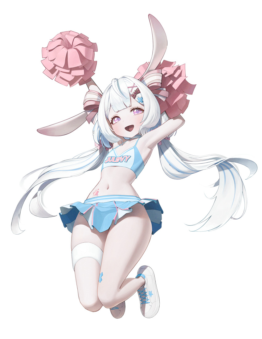 1girl :d animal_ears arms_up blue_hair cheerleader commentary flat_chest full_body hair_ornament hantata highres jumping long_hair multicolored_hair navel open_mouth pink_eyes pleated_skirt pom_pom_(cheerleading) rabbit_ears remind shoes simple_background skirt smile sneakers solo sports_bra star_sticker sticker_on_stomach stomach streaked_hair twintails two-tone_hair virtual_youtuber white_background white_hair white_shoes