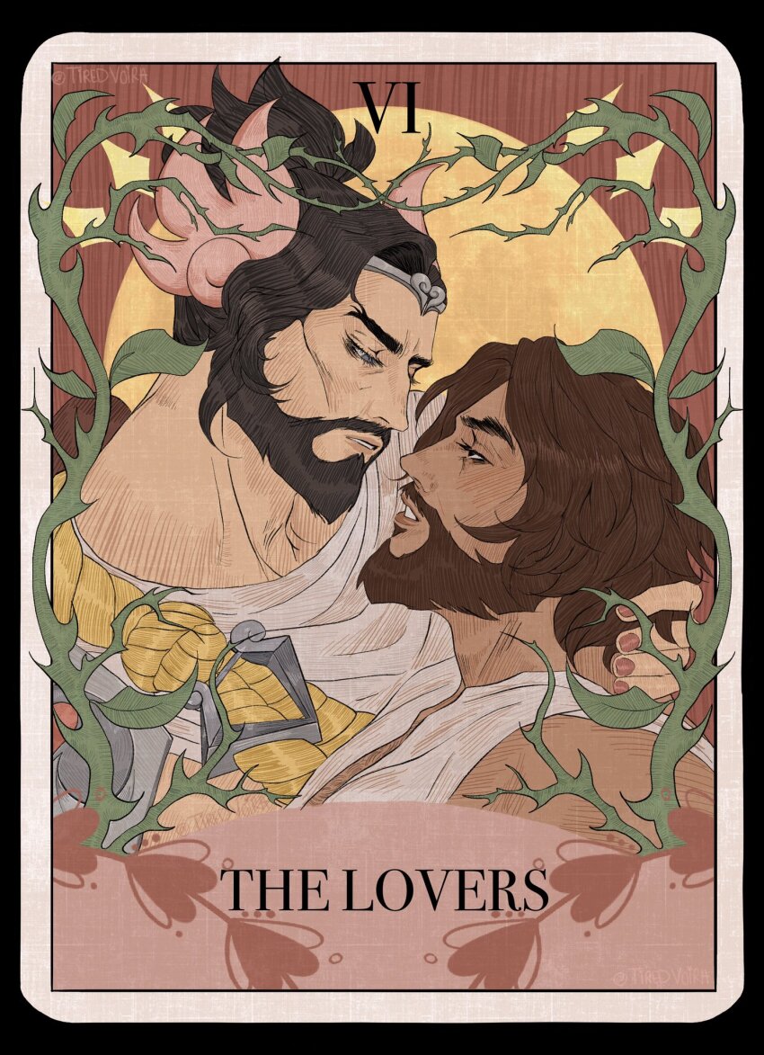 2boys asian bara beard blush brown_hair cassidy_(overwatch) chest_hair_peek couple cupid_hanzo dark-skinned_male dark_skin eye_contact facial_hair greco-roman_clothes hanzo_(overwatch) head_tilt highres inset_border looking_at_another magical_boy male_focus mature_male multiple_boys mustache official_alternate_costume overwatch overwatch_2 plant short_hair tarot tattoo the_lovers_(tarot) thick_eyebrows tiara tiredvoira upper_body vines wings yaoi