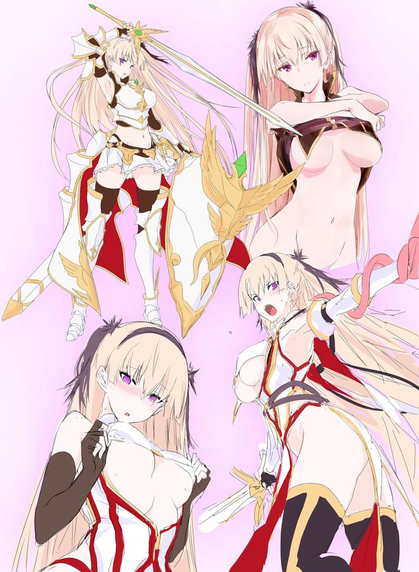1girl altair_(sennen_sensou_aigis) arm_up armor armpits black_gloves black_thighhighs blonde_hair breastplate breasts clothes_lift elbow_gloves fingerless_gloves gloves greaves groin hairband head_tilt highres kawagishi_keitarou long_hair medium_breasts midriff multiple_views navel parted_lips pelvic_curtain purple_eyes restrained sennen_sensou_aigis shield shirt_lift skirt sweat sword tentacles thighhighs two_side_up underboob undressing vambraces very_long_hair weapon
