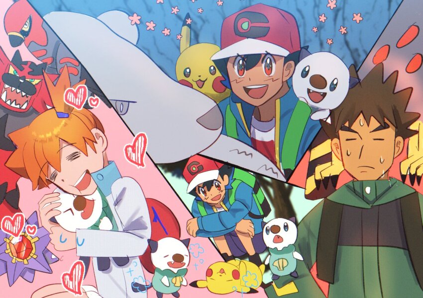 1girl 2boys ash_ketchum asymmetrical_hair beartic brock_(pokemon) cowboy_shot denim denim_shorts gen_1_pokemon gen_5_pokemon gen_6_pokemon gen_7_pokemon gym_leader hair_tie hat incineroar jacket kawo_(kawo2525_) legs misty_(pokemon) multiple_boys nintendo orange_hair oshawott outdoors pikachu pokemon pokemon_(anime) pokemon_journeys pokemon_swsh140 ponytail red_hair shirt short_hair short_shorts shorts side_ponytail starmie talonflame yellow_shirt