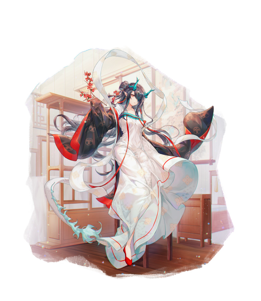 1girl absurdres alternate_costume aqua_hair arknights augetsix black_hair blue_fire braid branch breasts chinese_clothes chinese_commentary closed_mouth collarbone commentary_request dragon_girl dragon_tail dress dusk_(arknights) earrings fiery_tail fire flower full_body hair_over_one_eye hair_rings hanfu highres holding holding_branch indoors jewelry long_hair long_sleeves looking_at_viewer medium_breasts multicolored_hair open_clothes pointy_ears red_eyes red_flower red_footwear ruqun shelf side_braid solo streaked_hair tail tassel transparent_background two-tone_hair very_long_hair white_dress wide_sleeves wooden_floor