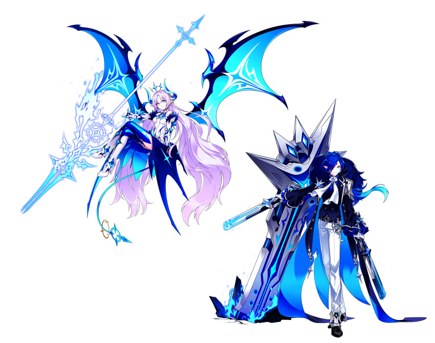 1boy 1girl absurdly_long_hair absurdres ascot bare_shoulders belt belt_buckle black_belt black_coat black_shoes black_vest blue_coat blue_eyes blue_fire blue_hair blue_horns blue_skirt blue_tail blue_theme blue_wings boots breasts buckle buttons cannon center_opening chain ciel_(elsword) closed_mouth coat cross crossed_legs demon_girl demon_horns demon_tail demon_wings detached_sleeves dress_pants dress_shoes dual_wielding elsword eyelashes facial_mark fire floating forehead_mark frilled_sleeves frills full_body fur-trimmed_sleeves fur_trim game_cg glaive_(polearm) gloves gun hair_over_one_eye high_heel_boots high_heels highres holding holding_gun holding_weapon horns huge_weapon hwansang knee_boots lapels oversized_wings long_hair long_sleeves looking_at_viewer low_ponytail luciela_r._sourcream miniskirt notched_lapels object_floating_above_hand official_art open_clothes open_coat pants parted_bangs pink_hair polearm ponytail second-party_source shirt shoes single_shoulder_pad skirt sleeveless sleeveless_shirt small_breasts smile standing tachi-e tail tail_ornament tail_ring torn_clothes torn_skirt transparent_background two-sided_coat two-sided_fabric two-sided_skirt very_long_hair vest wavy_hair weapon white_ascot white_boots white_gloves white_pants white_shirt white_sleeves wings