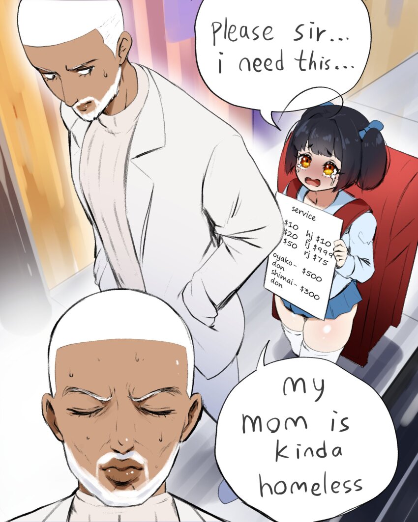 1boy 1girl backpack bag dark_skin highres loli miniskirt original oversized_backpack price_list prostitution randoseru rienia skirt tearing_up thighhighs twintails white_beard