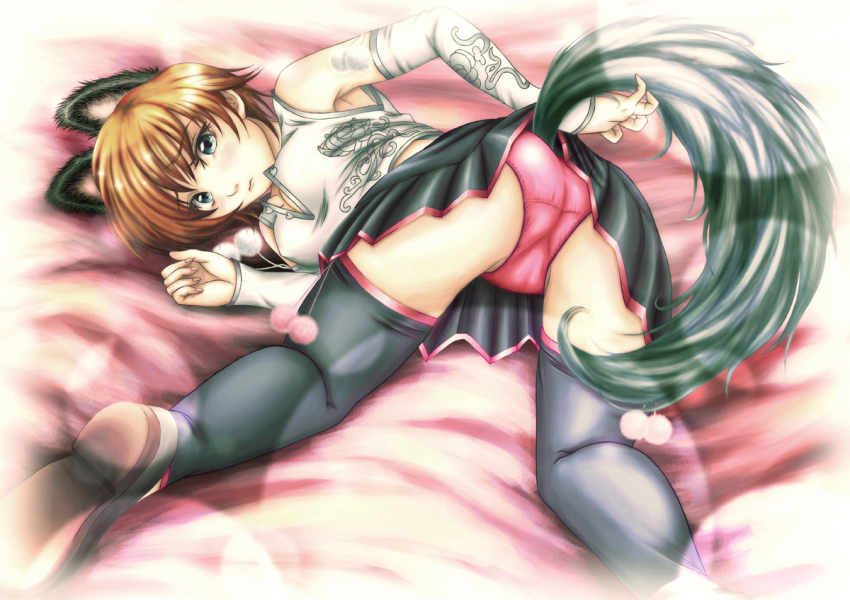 1girl animal_ears ass bad_id bad_pixiv_id bed black_thighhighs blue_eyes blurry brown_hair cat_ears cat_tail chinese_clothes depth_of_field detached_sleeves eileen female_focus kemonomimi_mode looking_at_viewer looking_back miniskirt panties pantyshot pink_panties short_hair skirt soft_focus solo tail tal_yuji thighhighs top-down_bottom-up underwear upskirt virtua_fighter virtua_fighter_5 virtua_fighter_5:_final_showdown