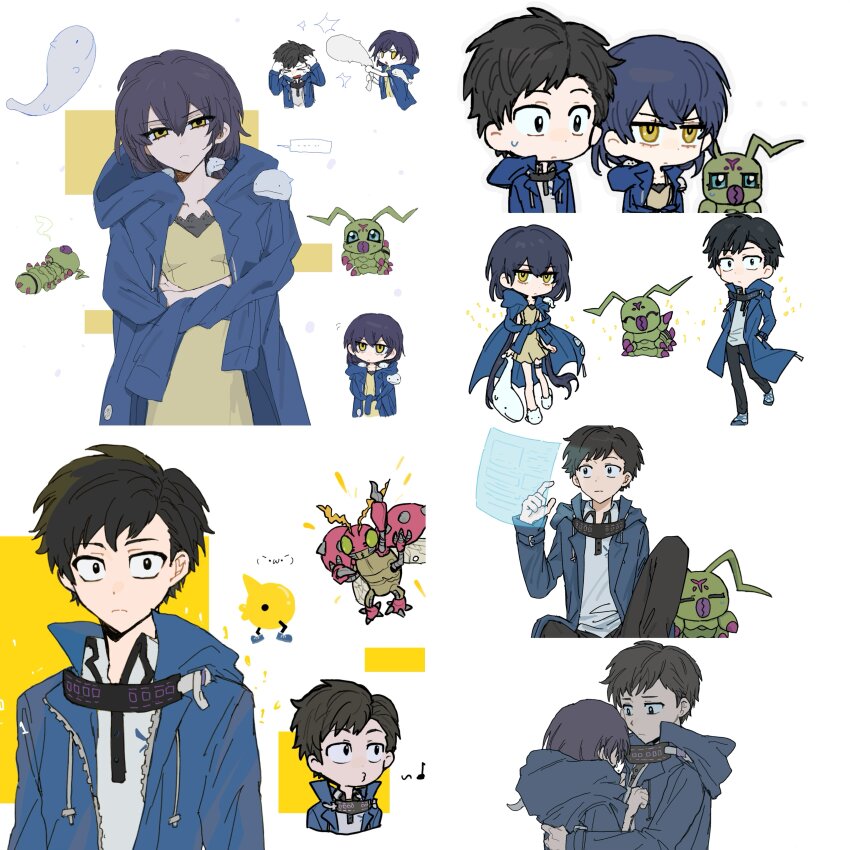 absurdres amasawa_keisuke black_eyes black_hair blue_hair coat coat_on_shoulders digimon digimon_(creature) digimon_story:_cyber_sleuth digimon_story:_cyber_sleuth_hacker&#039;s_memory highres long_hair mishima_erika short_hair tentomon twintails very_long_hair wormmon yellow_eyes