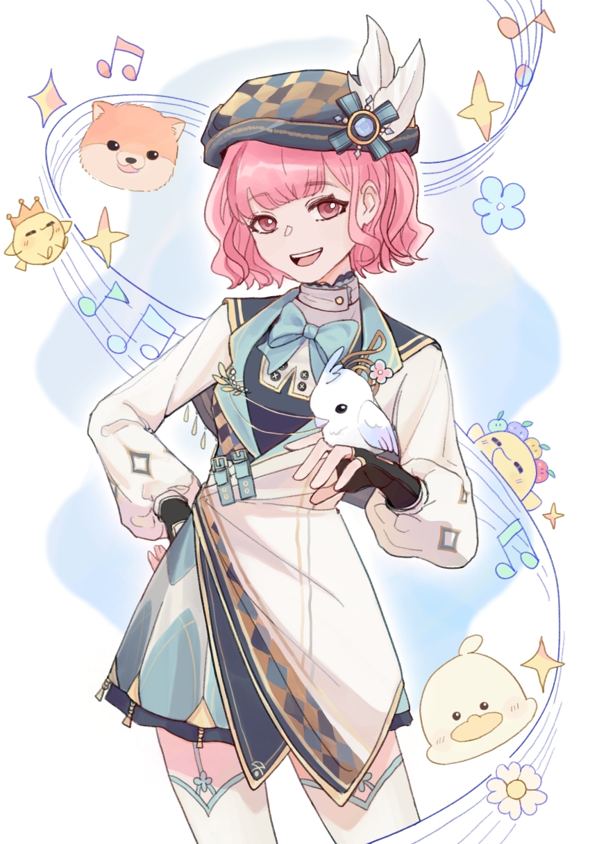 1girl ambird_(infinity_nikki) animal aqua_bow aqua_bowtie aqua_skirt baby_animal beret bib_collar bird bird_on_hand black_gloves black_shirt blue_background blue_flower blunt_bangs border bow bowtie brown_hat buttons checkered_hat chick chinese_commentary coat collared_coat collared_shirt colored_lapels commentary_request cowboy_shot daisy_(flower) dog duck eyelashes fingerless_gloves floof_(infinity_nikki) flower frilled_shirt_collar frills gifty_(nikki) gloves hand_on_own_hip hat hat_feather head_only high_collar highres infinity_nikki lapel_pin lapels long_sleeves looking_at_viewer meadow_symphony_(infinity_nikki) miniskirt musical_note musical_staff nikki_(nikki) nikki_(series) notched_lapels open_mouth outline outside_border pink_eyes pink_hair pleated_skirt puffy_long_sleeves puffy_sleeves ribbed_thighhighs shiba_inu shirt short_hair skirt smile solo sparkle standing teeth thighhighs upper_teeth_only wavy_hair white_border white_coat white_flower white_outline white_thighhighs yanyi20232