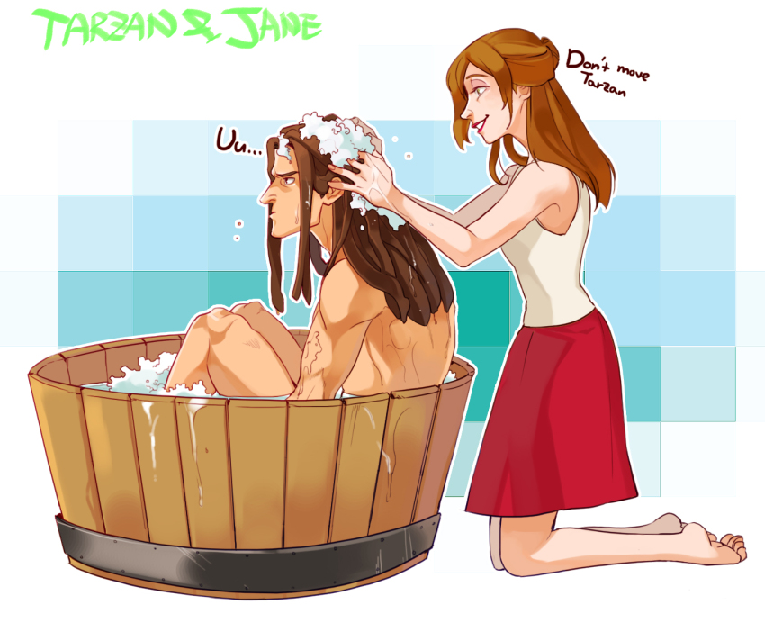 1boy 1girl barefoot border brown_hair clothed_female_nude_male english_text from_side halorane hetero highres jane_porter kneeling knees_up long_hair looking_at_another nude red_lips red_skirt shirt sitting skirt soap_bubbles tarzan tarzan_(disney) washing_another wet white_border white_shirt