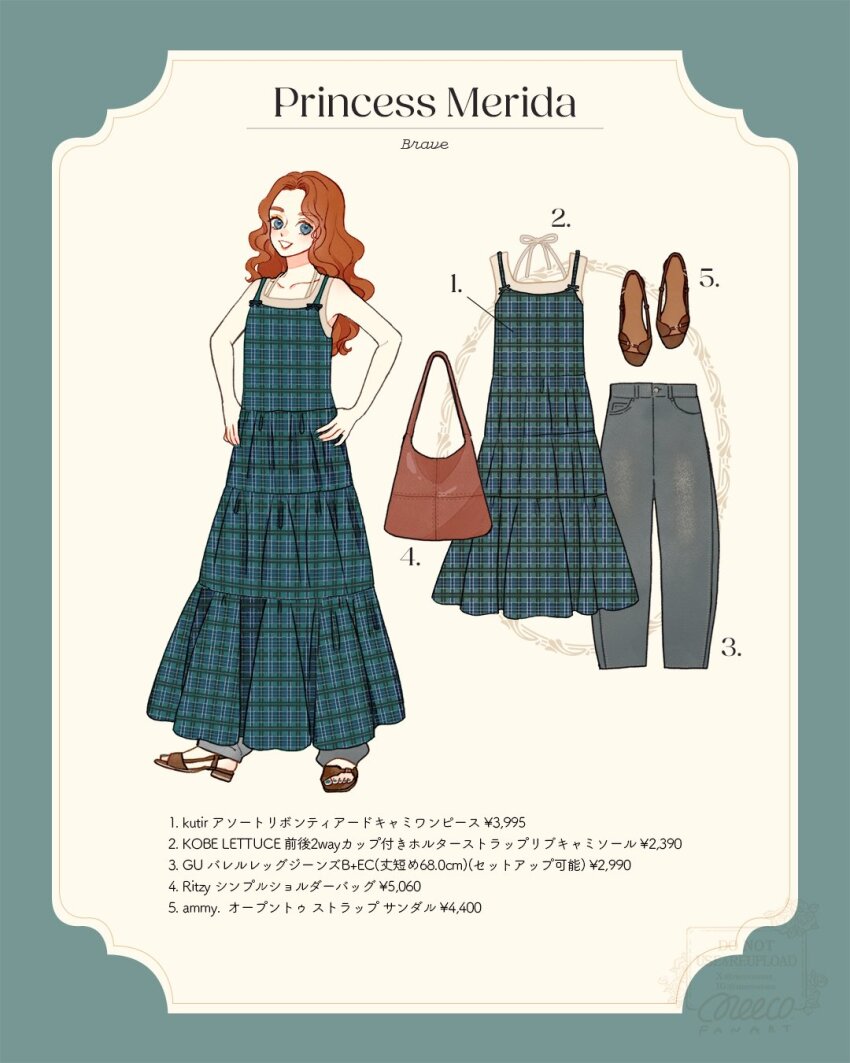 1girl bag blue_eyes brave_(pixar) contemporary curly_hair dress full_body happy highres jewelry long_hair looking_at_viewer meecosme merida_(brave) orange_hair pants red_hair simple_background sleeveless smile