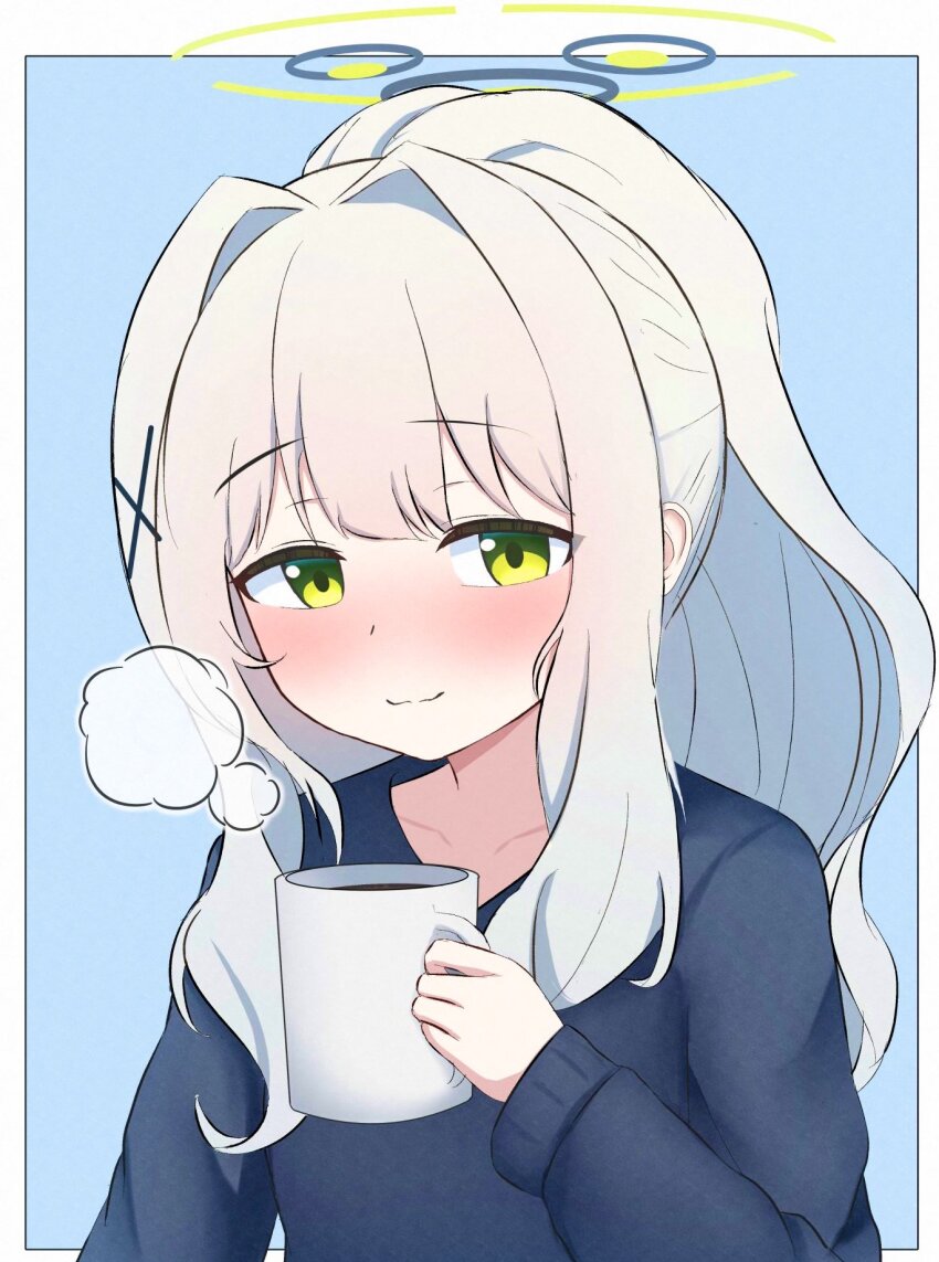 1girl :3 alternate_costume black_sweater blue_archive blue_background blush border casual closed_mouth coffee coffee_mug commentary cup green_eyes grey_hair grey_halo hair_intakes hair_ornament halo hand_up hare_(blue_archive) highres holding holding_cup iggy@cafe long_hair long_sleeves looking_at_viewer mug outside_border ponytail sidelocks simple_background smile solo steam sweater upper_body wavy_hair white_border x_hair_ornament yellow_halo