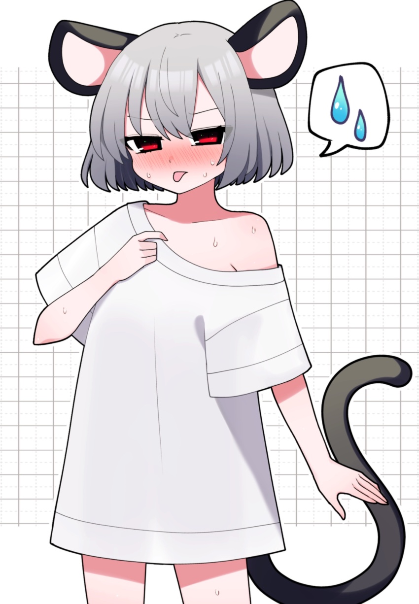 1girl animal_ears blush closed_mouth commentary cowboy_shot grey_hair grid_background hand_up highres looking_at_viewer mouse_ears mouse_girl mouse_tail nazrin no_pants nose_blush off_shoulder red_eyes shirt short_hair short_sleeves single_bare_shoulder solo spoken_sweatdrop sweat sweatdrop tail touhou white_background white_shirt you_(noanoamoemoe)