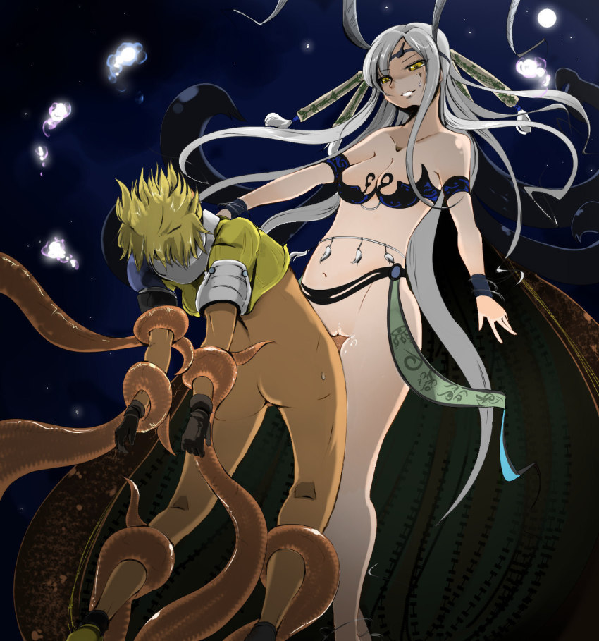 00s assertive_female blonde_hair bottomless final_fantasy final_fantasy_x grey_hair highres long_hair moon name_john night short_hair tentacle_sex tentacles tentacles_on_male tidus vaginal yellow_eyes yunalesca