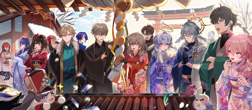 2others 6+boys 6+girls absurdres acheron_(honkai:_star_rail) alternate_costume architecture aventurine_(honkai:_star_rail) bare_tree black_choker black_gloves black_hair black_kimono blue_hair caelus_(honkai:_star_rail) choker commentary_request crossed_arms dan_heng_(honkai:_star_rail) dr._ratio_(honkai:_star_rail) east_asian_architecture feathered_wings floral_print floral_print_kimono fur_trim gloves green_kimono grey_hair halo halo_behind_head hatsumoude head_wings highres himeko_(honkai:_star_rail) honkai:_star_rail honkai_(series) japanese_clothes kass_(jtsp0) kimono long_hair march_7th_(honkai:_star_rail) medium_hair misha_(honkai:_star_rail) multiple_boys multiple_girls multiple_others new_year numby_(honkai:_star_rail) origami_bird_(honkai:_star_rail) out_of_frame pink_hair pink_kimono pom-pom_(honkai:_star_rail) praying print_kimono purple_hair purple_kimono red_hair red_kimono robin_(honkai:_star_rail) short_hair sparkle_(honkai:_star_rail) stelle_(honkai:_star_rail) sunday_(honkai:_star_rail) topaz_(honkai:_star_rail) torii trailblazer_(honkai:_star_rail) tree trotter_(honkai:_star_rail) welt_yang white_gloves wings winter