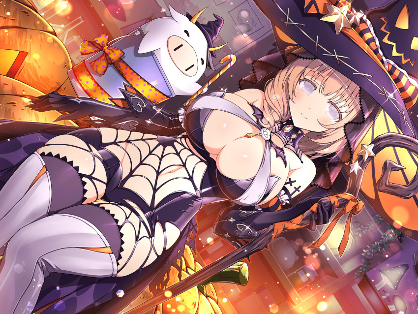 1girl animal armband blonde_hair blush braid breasts bucket cleavage cleavage_cutout closed_mouth clothing_cutout cow elbow_gloves frilled_armband frills gloves halloween halloween_bucket halloween_costume happy_halloween hat highres holding holding_staff huge_breasts jack-o&#039;-lantern large_hat looking_at_viewer mascot medium_hair navel navel_cutout night official_alternate_costume official_alternate_hairstyle official_art outdoors pumpkin senran_kagura senran_kagura_new_link side_braid sitting smile solo_focus staff thighhighs ushimaru_(senran_kagura) white_eyes witch witch_hat