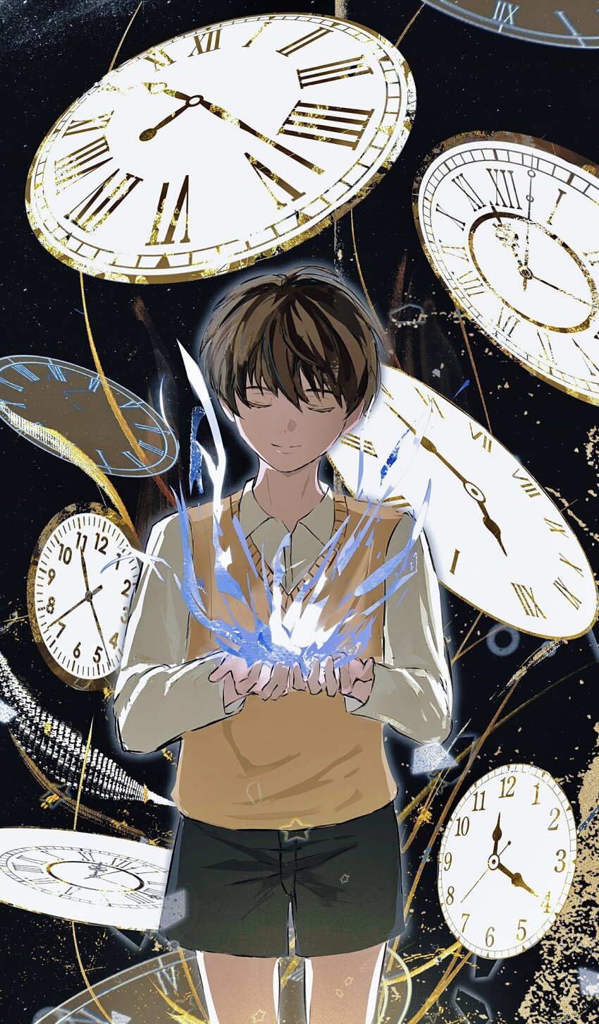 1boy 8d2suga9 black_shorts blue_fire closed_eyes collared_shirt commentary english_commentary facing_viewer feet_out_of_frame fire glowing head_tilt highres kim_dokja male_focus oldest_dream omniscient_reader&#039;s_viewpoint own_hands_together pocket_watch ribbon shirt shorts sky smile solo space star_(sky) starry_sky vest watch white_shirt yellow_ribbon yellow_vest