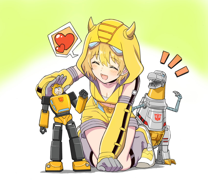 1girl ^_^ absurdres autobot blonde_hair blue_eyes blush bumblebee_(kotobukiya_bishoujo)_(transformers) bumblebee_(transformers) clenched_hand closed_eyes cropped_hoodie detached_sleeves dinosaur gloves grey_gloves grey_leg_warmers grimlock heart highres hood hood_up hoodie horned_hood horns komagoma kotobukiya_bishoujo leg_warmers looking_at_viewer mecha non-humanoid_robot open_mouth robot robot_animal shoes short_hair shorts smile sneakers solo speech_bubble spoken_heart toy transformers transformers:_generation_1 yellow_hoodie yellow_shoes yellow_shorts