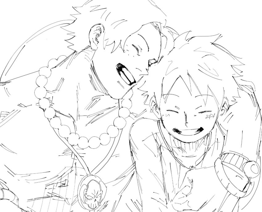 2boys ^_^ bracelet closed_eyes freckles greyscale jewelry log_pose male_focus monkey_d._luffy monochrome multiple_boys necklace one_piece pearl_necklace portgas_d._ace scar scar_on_face simple_background tako_jirou topless_female upper_body