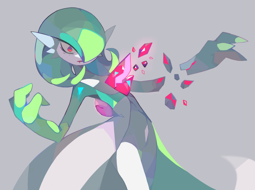 bad_id bad_tumblr_id bob_cut colored_skin dress gardevoir gen_3_pokemon green_hair green_skin grey_background hair_over_one_eye multicolored_skin nintendo pink_eyes pokemon pokemon_(creature) same-no-kiba shattered simple_background two-tone_skin white_dress white_skin