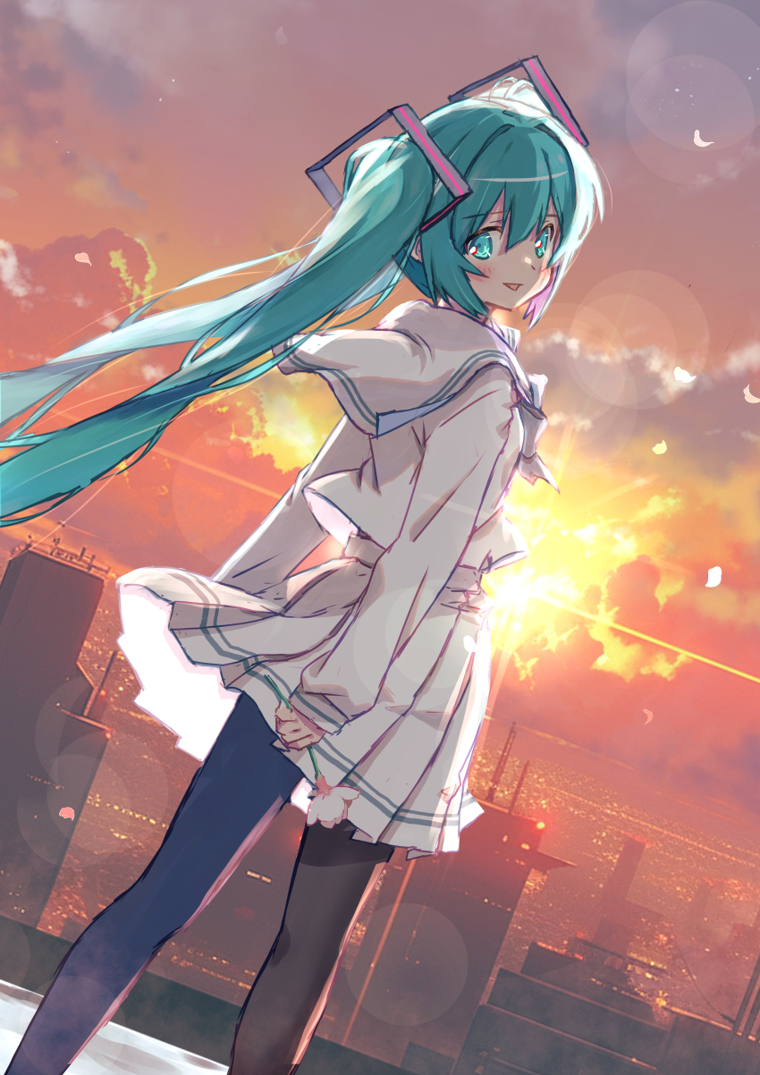 1girl :d absurdres akayama_yukihe backlighting black_pantyhose blush bow bowtie cityscape commentary dutch_angle feet_out_of_frame flower from_behind green_eyes green_hair hair_between_eyes hair_intakes hatsune_miku highres holding holding_flower horizon lens_flare long_hair looking_at_viewer looking_back open_mouth orange_sky outdoors pantyhose photo_background sailor_collar school_uniform serafuku shirt sidelocks skirt sky sleeves_past_wrists smile solo standing sunlight sunset twintails very_long_hair vocaloid white_bow white_bowtie white_flower white_sailor_collar white_serafuku white_shirt white_skirt