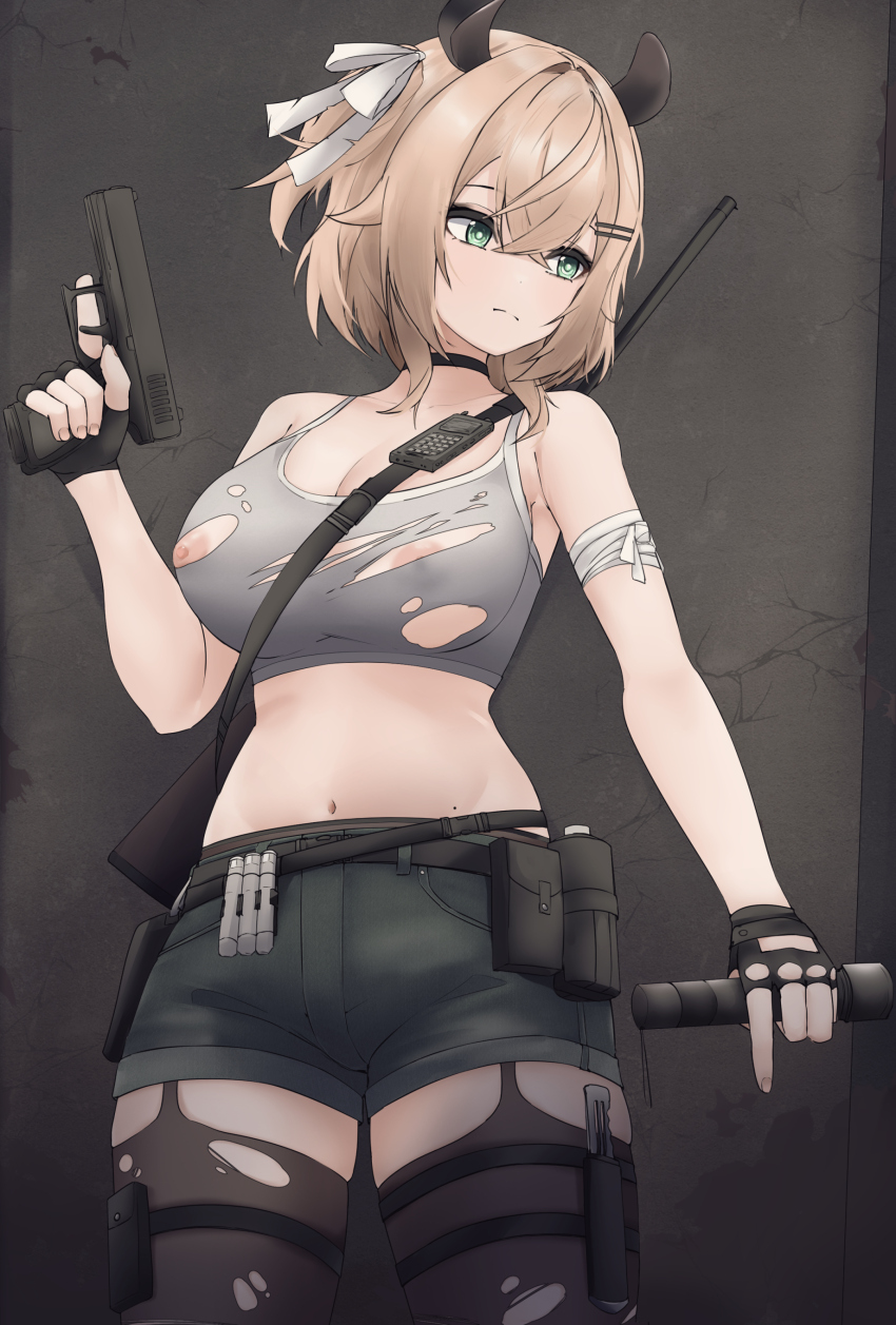 1girl absurdres aidoruhakase alternate_costume animal_ears arm_up bandaged_arm bandages belt_pouch black_choker black_garter_straps black_shorts black_thighhighs bra breasts brown_hair choker cleavage closed_mouth commentary cowboy_shot denim denim_shorts dot_nose english_commentary fingerless_gloves garter_straps glock gloves green_eyes grey_sports_bra gun hair_intakes hair_ornament hairclip handgun highres holding holding_gun holding_weapon index_finger_raised indie_virtual_youtuber large_breasts looking_to_the_side mole mole_on_stomach navel nimi_nightmare nipple_slip nipples pouch rifle see-through_clothes see-through_thighhighs short_hair shorts sniper_rifle solo sports_bra standing stomach tapir_ears tapir_girl thigh_strap thighhighs torn_clothes torn_thighhighs underwear virtual_youtuber walkie-talkie weapon