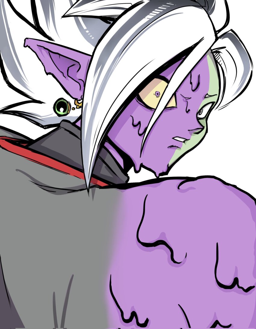 1boy black_bodysuit bodysuit bonot colored_sclera colored_skin dragon_ball dragon_ball_super earrings from_behind fused_zamasu green_skin grey_eyes heterochromia highres jewelry looking_back melting mismatched_pupils mismatched_sclera multicolored_skin mutation parted_lips pointy_ears potara_earrings purple_eyes purple_skin solo spiked_hair white_hair yellow_sclera