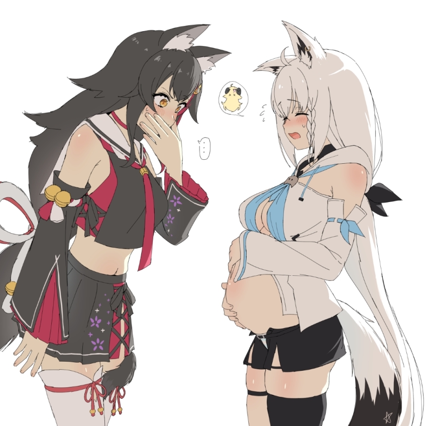 ... 2girls ahoge animal_ears asymmetrical_legwear big_belly black_hair black_shorts bloated big_belly braid breasts closed_eyes commentary detached_sleeves fox_ears fox_girl fox_tail hair_between_eyes hands_on_own_stomach hololive long_hair long_sleeves medium_breasts multicolored_hair multiple_girls navel norigure18 ookami_mio ookami_mio_(1st_costume) pleated_skirt shirakami_fubuki shirakami_fubuki_(1st_costume) shorts side_braid sidelocks skirt spoken_character spoken_ellipsis standing stomach_bulge streaked_hair symbol-only_commentary tail thighhighs tsunomaki_watame very_long_hair virtual_youtuber vore white_hair wolf_ears wolf_girl wolf_tail x_x yellow_eyes