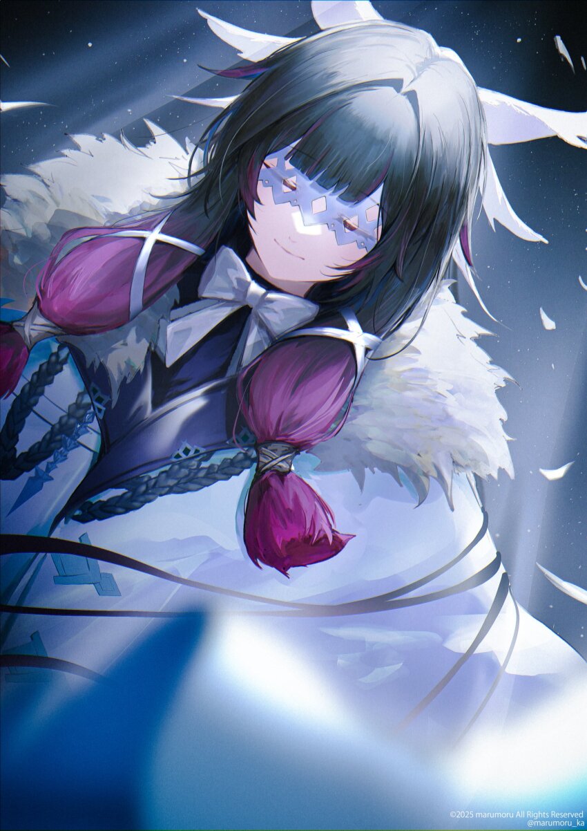 1girl black_hair blurry blurry_foreground closed_eyes closed_mouth coat columbina_(genshin_impact) commentary_request eye_mask facing_viewer fatui_coat fur-trimmed_coat fur_trim genshin_impact highres long_hair marumoru mask purple_hair smile solo twitter_username white_coat