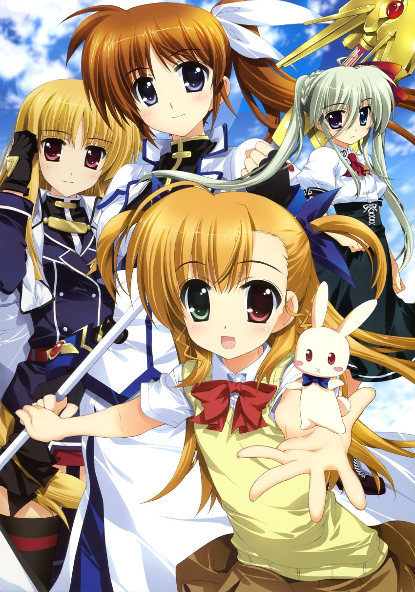10s 4girls x_mouth absurdres blonde_hair blue_eyes blush blush_stickers boots bow bowtie brown_hair cape coat einhard_stratos fate_testarossa fate_testarossa_(impulse_form) fingerless_gloves fujima_takuya gauntlets gloves green_eyes green_hair hair_bow highres jacket long_hair low-tied_long_hair lyrical_nanoha magazine_(weapon) magical_girl mahou_shoujo_lyrical_nanoha_vivid multiple_girls open_clothes open_jacket purple_eyes rabbit raising_heart raising_heart_(exceed_mode) red_eyes sacred_heart school_uniform side_ponytail skirt smile staff takamachi_nanoha takamachi_nanoha_(exceed_mode) thighhighs two_side_up vivio