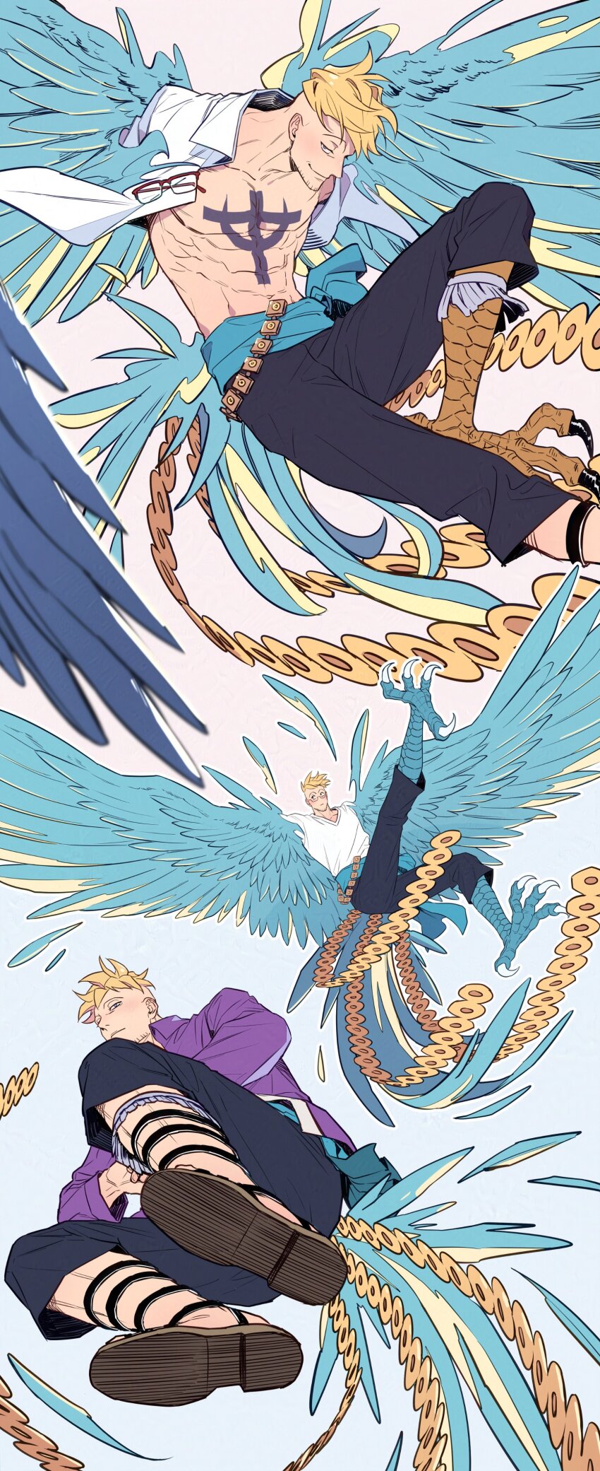 1boy absurdres alternate_form anchor_tattoo beard_stubble blonde_hair blue_sash blue_wings chest_tattoo claws commentary facial_hair harpy_boy highres male_focus marco_(one_piece) monster_boy multiple_views murokan_77 one_piece open_clothes open_shirt purple_shirt sandals sash shirt short_hair simple_background smile stubble symbol-only_commentary t-shirt tail tattoo white_shirt wings