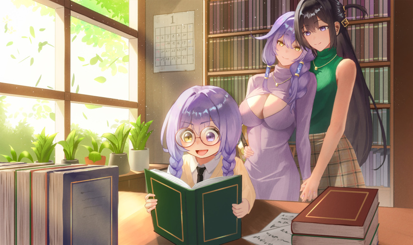 3girls arm_around_waist blush book bookshelf breasts brown_hair calendar_(object) cleavage_cutout closed_mouth clothing_cutout commission felfia hagane_(samurai_maiden) heterochromia highres holding_hands indoors jewelry large_breasts long_hair mother_and_daughter multiple_girls necklace open_mouth pixiv_commission plant potted_plant purple_eyes purple_hair reading samurai_maiden science_babies smile tamaori_tsumugi very_long_hair wife_and_wife window yellow_eyes yuri