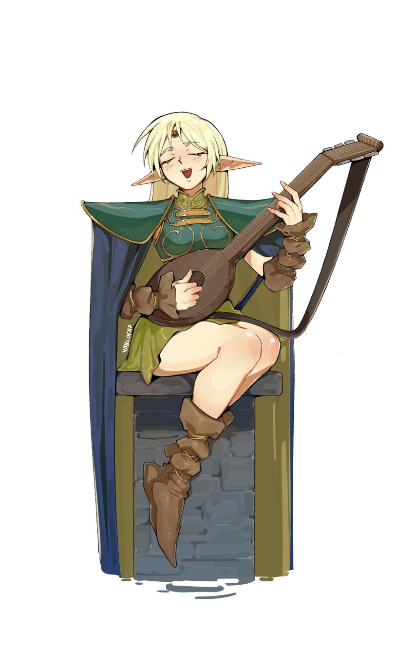 1girl absurdres alohapz armor artist_name banjo blonde_hair boots brown_boots cape deedlit dress elf green_dress highres holding holding_instrument instrument long_hair music open_mouth playing_instrument pointy_ears record_of_lodoss_war shoulder_armor simple_background singing sitting solo tiara white_background