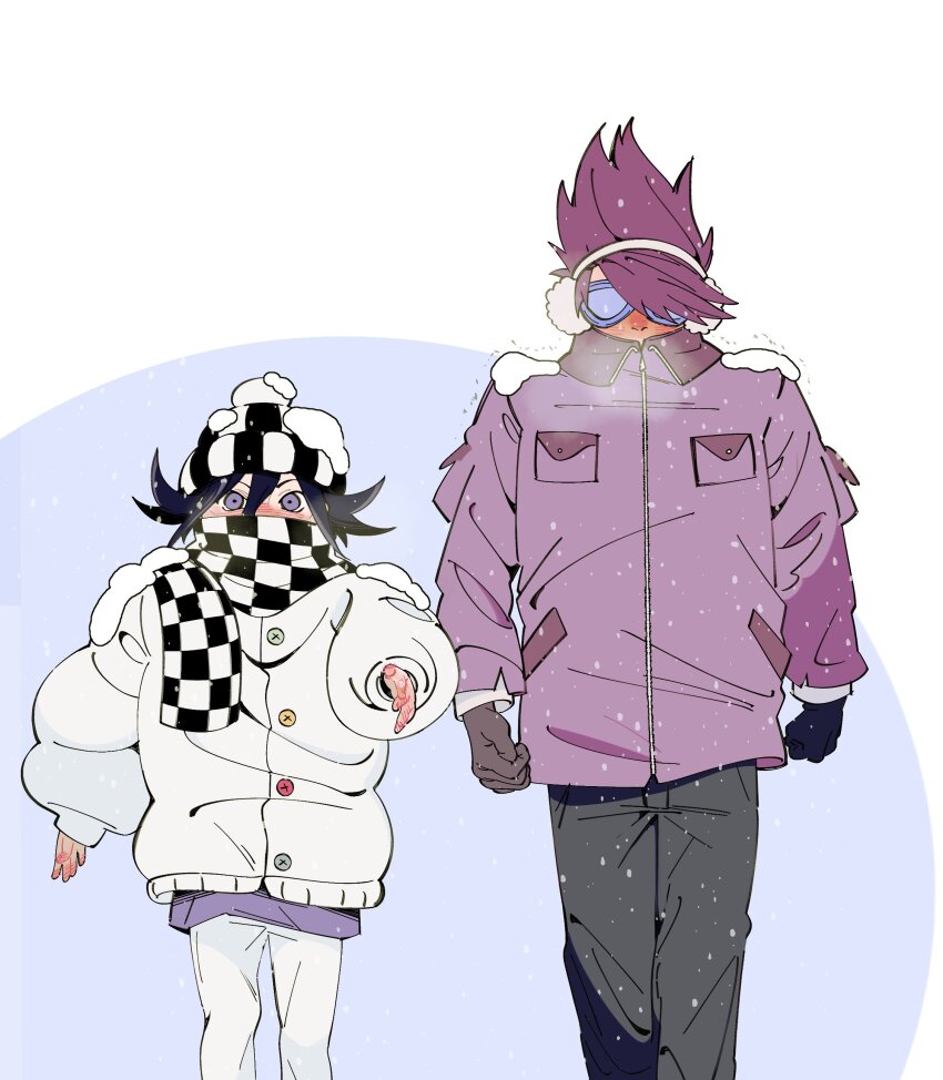 2boys absurdres beanie blush breath checkered_clothes checkered_hat checkered_scarf coat cold danganronpa_(series) danganronpa_v3:_killing_harmony earmuffs flipped_hair gloves goggles hat height_difference highres long_sleeves looking_at_viewer lovepoints male_focus momota_kaito multiple_boys nose_blush oma_kokichi purple_coat purple_eyes purple_hair scarf scarf_over_mouth short_hair simple_background snowing spiked_hair upper_body walking white_background white_coat winter winter_clothes
