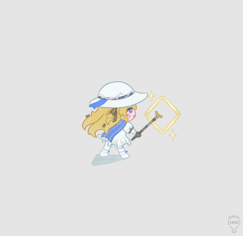 1010_(wuthering1100) 1girl artist_name black_bow black_gloves blonde_hair blue_eyes bow chibi chibi_only commentary_request gloves grey_background hair_bow hat highres holding holding_staff long_hair long_sleeves looking_afar looking_ahead pantyhose phoebe_(wuthering_waves) shirt simple_background skirt solo staff standing striped_bow white_hat white_pantyhose white_shirt white_skirt wuthering_waves