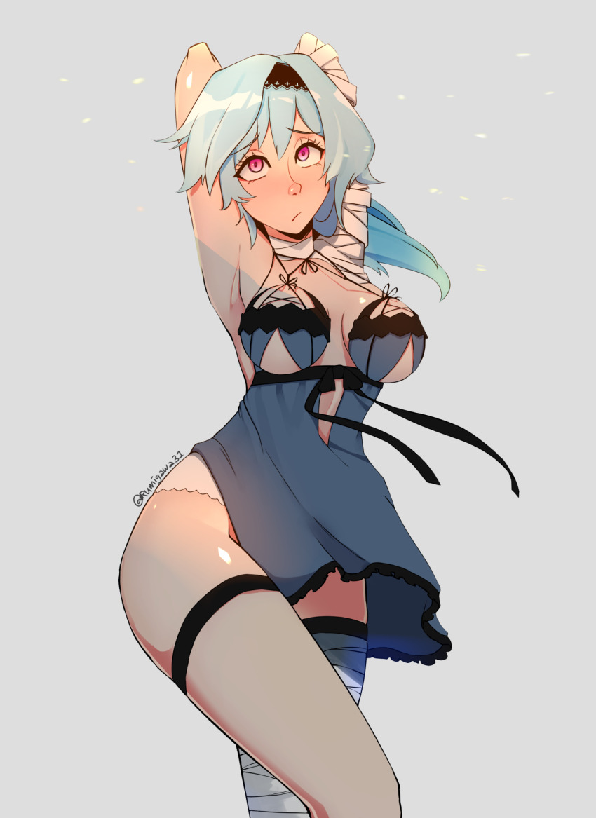1girl 2021 blue_hair breasts cosplay eula_(genshin_impact) genshin_impact highres kaine_(nier)_(cosplay) original purple_eyes rumi_(rumigawa31) solo