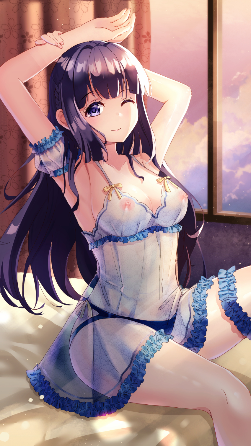 1girl absurdres arm_cuffs arm_on_own_head armpits arms_up bare_shoulders bed_sheet black_panties blue_dress blunt_bangs blush braid breasts cleavage closed_mouth cloud cloudy_sky collarbone commission curtains dress floral_print frilled_dress frills half-closed_eye highres holmemee indoors large_breasts lingerie long_hair looking_at_viewer makinohara_shouko nail_polish nipples no_bra on_bed one_eye_closed panties pink_nails pixiv_commission purple_eyes purple_hair see-through_clothes see-through_dress seishun_buta_yarou sidelocks sitting sky smile solo sunset thigh_strap underwear very_long_hair window