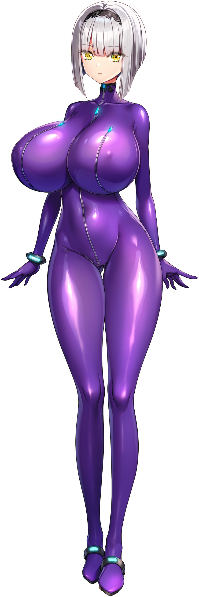 1girl absurdres akagi_rio arms_at_sides black_hairband blunt_bangs bob_cut bodysuit breast_zipper breasts covered_erect_nipples covered_navel full-length_zipper full_body game_cg gluteal_fold grey_hair hairband highres huge_breasts impossible_bodysuit impossible_clothes light_smile looking_at_viewer medium_hair meena_1919 milk_factory motto!_haramase!_honoo_no_oppai_isekai_oppai_maid_gakuen! non-web_source official_art purple_bodysuit smile solo sprite standing tachi-e transparent_background yellow_eyes zipper