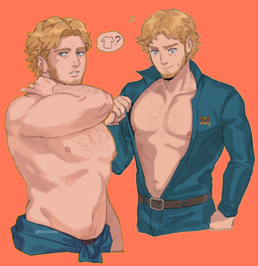 1boy arm_hair bara bare_pectorals beard belt blonde_hair blue_eyes collarbone commentary cropped_legs curly_(mouthwashing) facial_hair hand_on_own_neck highres jumpsuit male_focus male_underwear male_underwear_peek mouthwashing multiple_views navel navel_hair nipples orange_background parted_lips pectorals short_hair sparse_chest_hair spoilers stomach tirtyturtle topless_male twitter_username underwear
