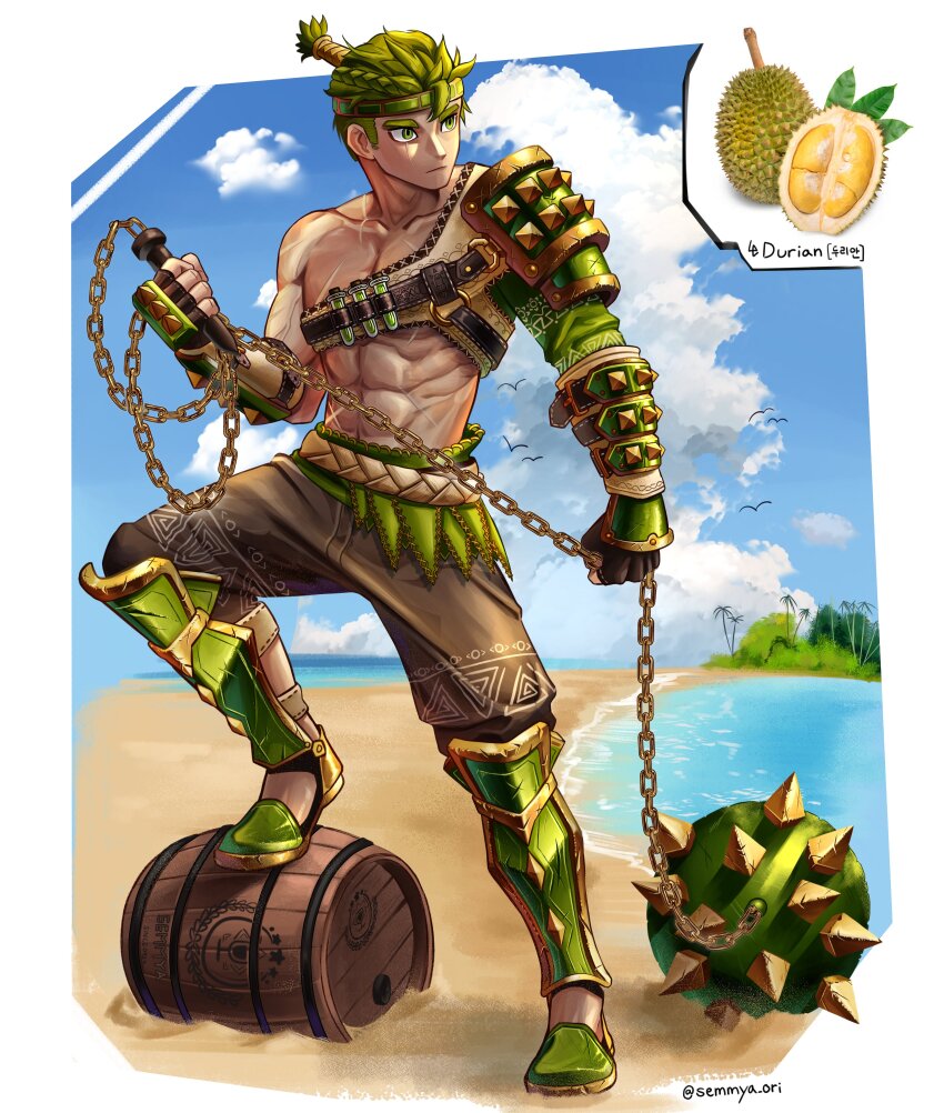 1boy abs absurdres armor armored_boots ball_and_chain_(weapon) barrel beach biceps black_gloves blue_sky boots cloud cloudy_sky day durian fingerless_gloves gloves green_hair highres muscular muscular_male original outdoors pectorals personification reference_inset semmya_ori serious shadow short_hair sky solo spike_ball spiked_ball_and_chain spikes tree water