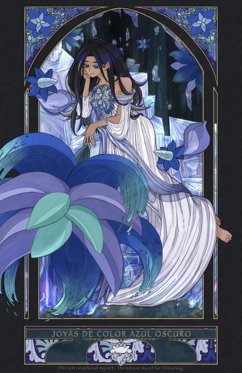 1girl alternate_costume barefoot black_hair blue_eyes commentary_request dress evolutionary_line eyelashes game_freak geeta_(pokemon) glimmet glimmora highres long_hair looking_down nintendo off-shoulder_dress off_shoulder oysm_tmwrchan parted_lips pokemon pokemon_(creature) pokemon_sv smile toes white_dress