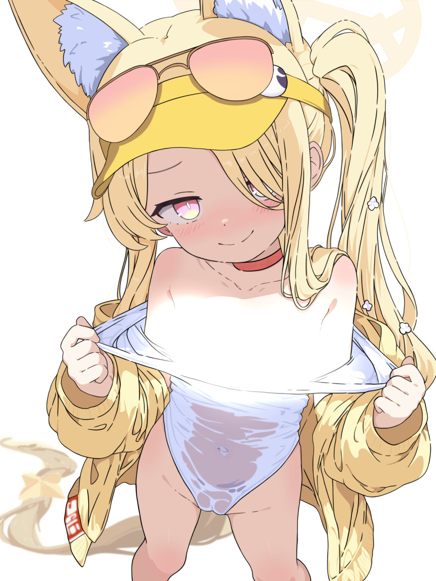 1girl animal_ear_fluff animal_ears bare_shoulders blue_archive blush breasts breasts_out cameltoe choker cleft_of_venus closed_mouth clothes_pull collarbone commentary_request covered_navel dot_nose extra_ears fox_ears fox_girl from_above groin hair_over_one_eye halo highres jacket light_censor loli long_hair looking_at_viewer off_shoulder official_alternate_hairstyle official_art one-piece_swimsuit one-piece_swimsuit_pull orange-tinted_eyewear orange_choker pink_eyes pulling_own_clothes seia_(blue_archive) shishiejo_(sisieho1) side_ponytail smile solo split_mouth standing swimsuit swimsuit_under_clothes tinted_eyewear transparent_background very_long_hair visor_cap wet wet_clothes wet_swimsuit white_one-piece_swimsuit yellow_halo yellow_jacket yellow_visor