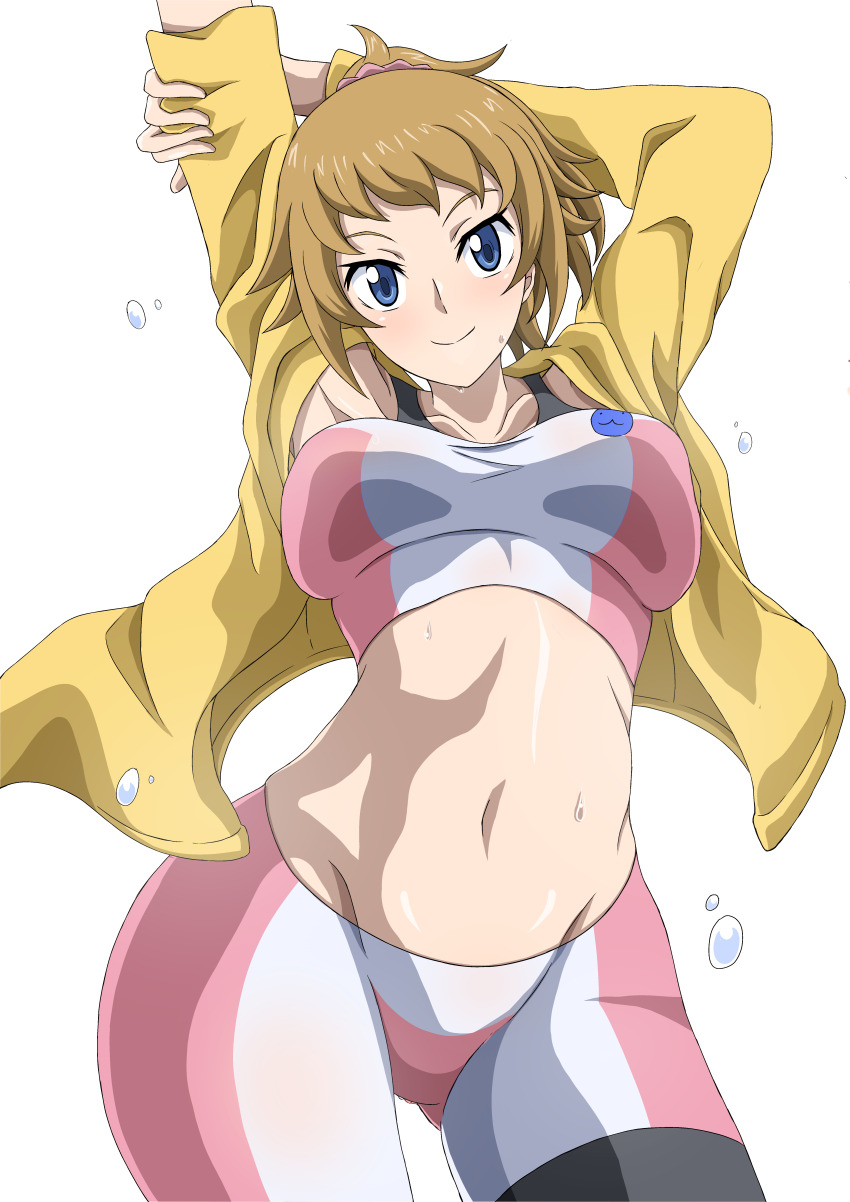 1girl absurdres arms_up bike_shorts blue_eyes blush breasts brown_hair closed_mouth commentary_request cowboy_shot gluteal_fold grey_background groin gundam gundam_build_fighters gundam_build_fighters_try highres hoshino_fumina jacket large_breasts looking_at_viewer medium_hair midriff navel open_clothes open_jacket ponytail safety_kaijo simple_background smile solo sports_bra stomach stretching sweat two-tone_sports_bra yellow_jacket