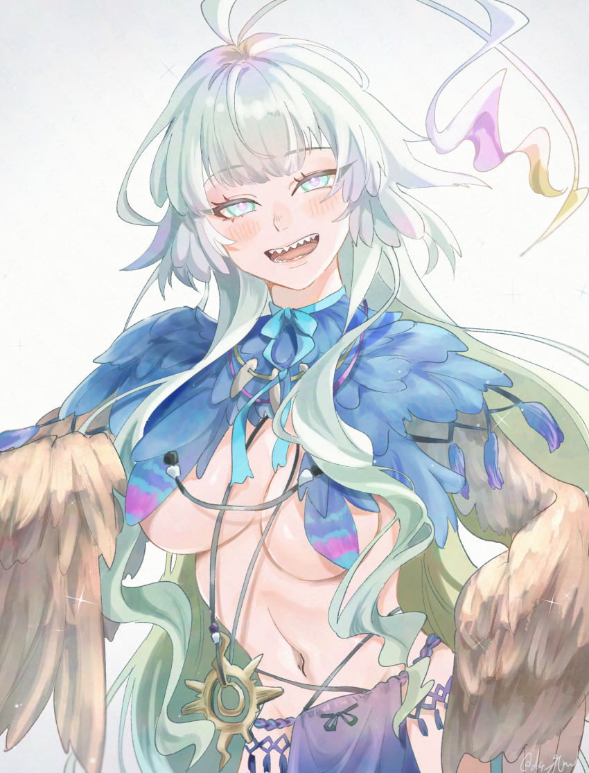 1girl ahoge blue_feathers blush breasts brown_feathers fate/grand_order fate_(series) feathers green_eyes green_hair harpy highres long_hair looking_at_viewer louhi_(fate) louhi_(third_ascension)_(fate) monster_girl navel open_mouth sharp_teeth smile solo teeth white_background winged_arms wings yutsuki_(pixiv40202660)