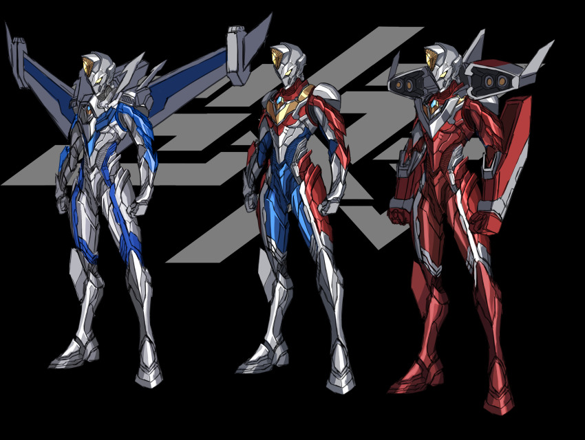 3boys 3ok alien alternate_universe armor armored_boots blue_bodysuit bodysuit boots breastplate clenched_hand clenched_hands coat fingerless_gloves flash_type_(ultraman) gauntlets gloves glowing glowing_eyes highres jacket leg_armor male_focus miracle_type_(ultraman) multiple_boys no_humans open_clothes open_hand open_jacket pauldrons red_bodysuit rocket_launcher shoulder_armor shoulder_cannon shoulder_pads single_fingerless_glove skin_tight solo standing strong_type_(ultraman) tokusatsu ultra_series ultraman_(hero&#039;s_comics) ultraman_dyna ultraman_dyna_(flash_type) ultraman_dyna_(miracle_type) ultraman_dyna_(series) ultraman_dyna_(strong_type) ultraman_suit_(hero&#039;s_comics) weapon white_gloves wings yellow_eyes