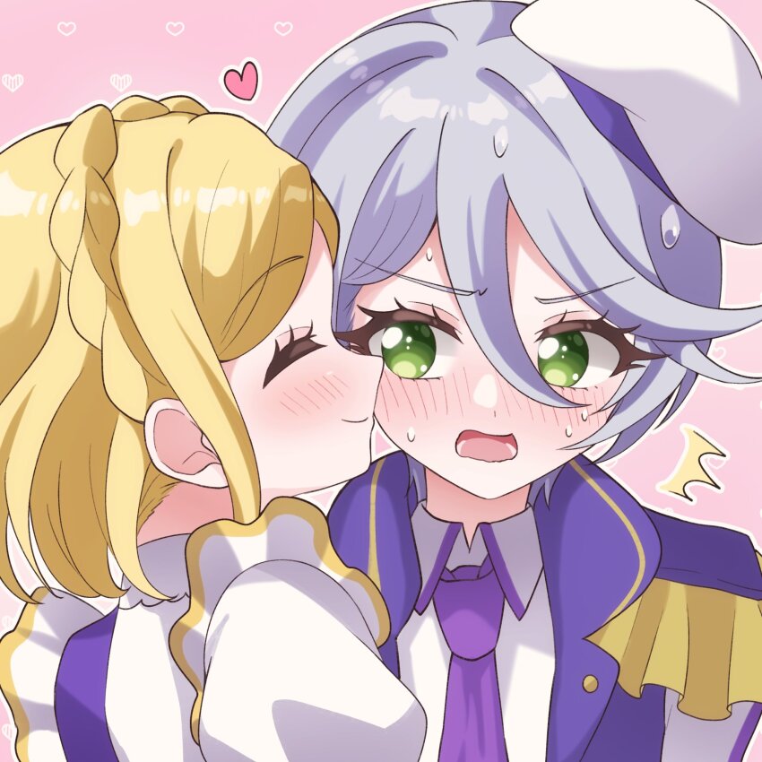 2girls azuki_(gobi_cutter) blonde_hair blush braid colored_eyelashes couple crown_braid flustered green_eyes grey_hair hair_between_eyes hat heart highres idol_clothes jacket kiss kissing_cheek midorikaze_fuwari mini_hat multiple_girls open_mouth pretty_series pripara puffy_sleeves reverse_trap shikyoin_hibiki shirt short_hair smile sweat yuri