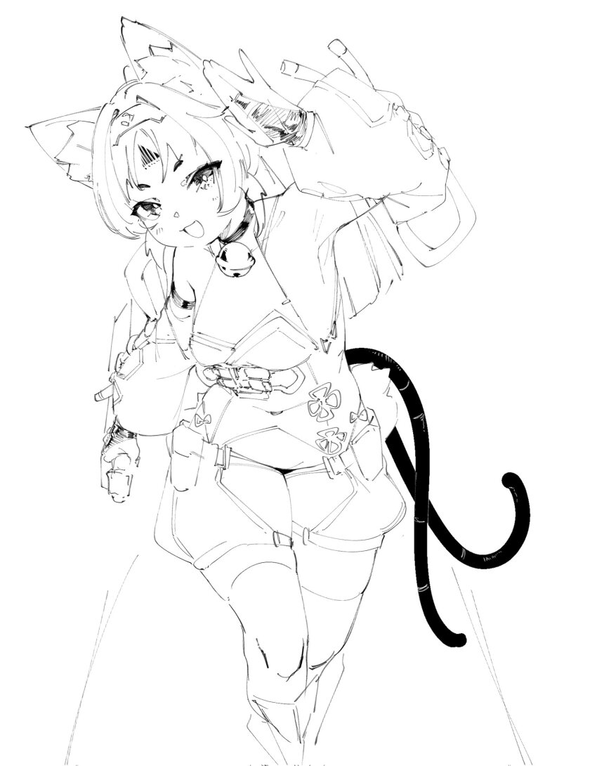 1girl :d animal_ears bell cat cat_ears cat_tail facial_mark feet_out_of_frame forehead_mark greyscale hand_up highres holding holding_sword holding_weapon kida_eve long_hair looking_at_viewer monochrome multiple_tails neck_bell nekomata nekomiya_mana open_mouth shading_face shorts simple_background smile solo sword tail thighhighs two_tails very_long_hair weapon zenless_zone_zero